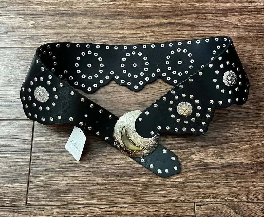 Free People Studded Crescent Moon Buckle Belt Black